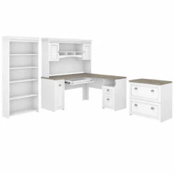 Bush Furniture Fairview L Shaped Desk W Hutch, Bookcase And Lateral File Cabinet Shiplap Gray / Pure White - FV006G2W