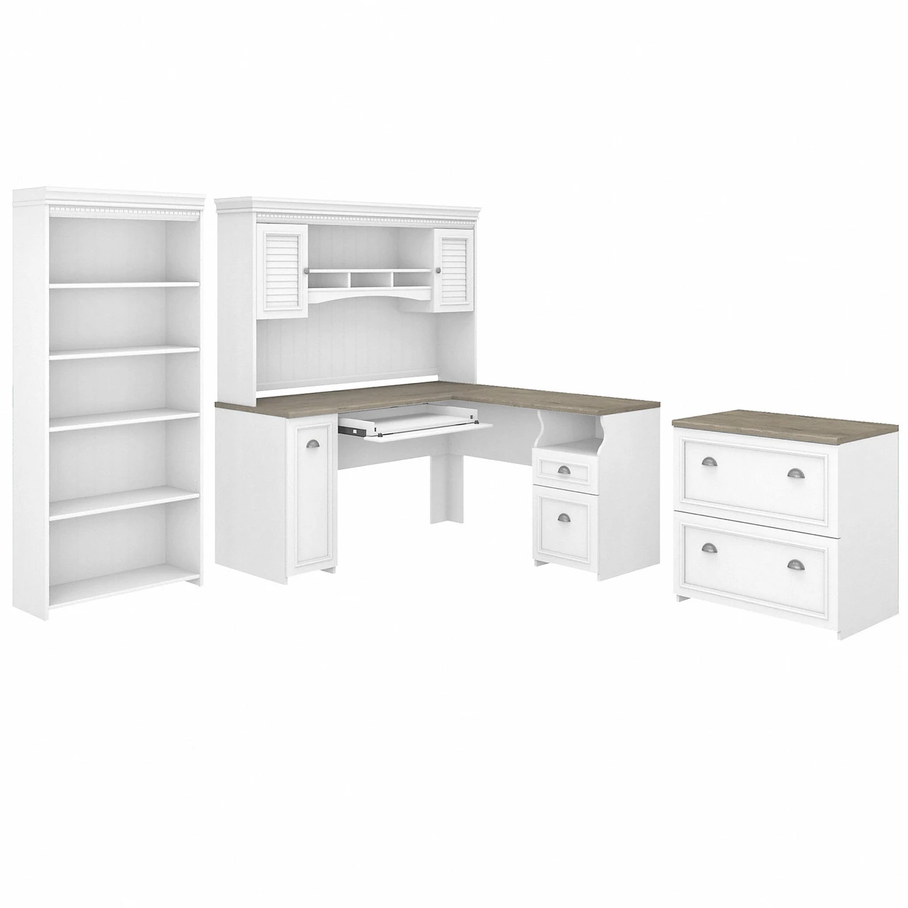 Bush Furniture Fairview L Shaped Desk W Hutch, Bookcase And Lateral File Cabinet Shiplap Gray / Pure White - FV006G2W