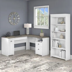 Bush Furniture Fairview 60W L Shaped Desk W Bookcase Pure White And Shiplap Gray - FV007G2W