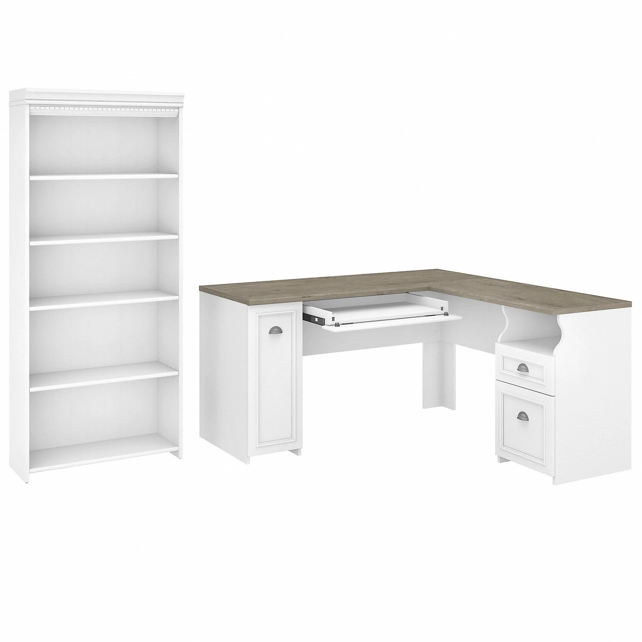 Bush Furniture Fairview 60W L Shaped Desk W Bookcase Pure White And Shiplap Gray - FV007G2W - Image 2