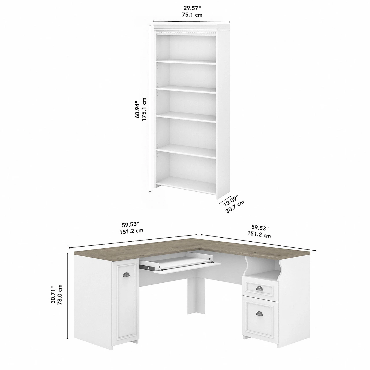 Bush Furniture Fairview 60W L Shaped Desk W Bookcase Pure White And Shiplap Gray - FV007G2W - Image 3