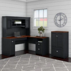 Bush Furniture Fairview 60W L Shaped Desk With Hutch And Storage Cabinet With File Drawer Antique Black - FV010AB