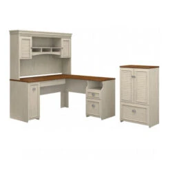 Bush Furniture Fairview 60W L Shaped Desk With Hutch And Storage Cabinet With File Drawer Antique White - FV010AW