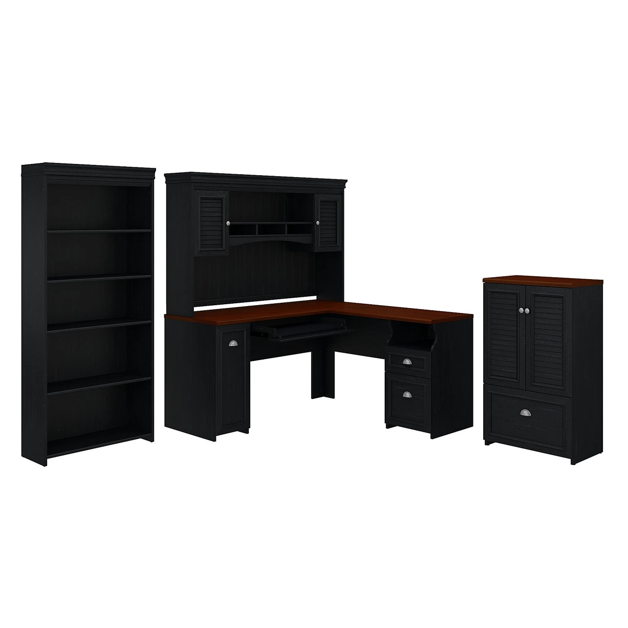 Bush Furniture Fairview 60W L Shaped Desk With Hutch, 5 Shelf Bookcase And Storage Antique Black - FV011AB - Image 3
