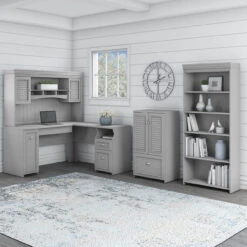 Bush Furniture Fairview 60W L Shaped Desk With Hutch, 5 Shelf Bookcase And Storage Cape Cod Gray - FV011CG