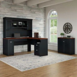 Bush Furniture Fairview 60W L Shaped Desk With Hutch And Small Storage Cabinet Antique Black - FV012AB