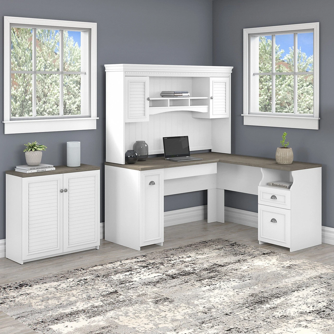 Bush Furniture Fairview 60W L Shaped Desk With Hutch And Storage Cabinet In Pure White And Shiplap Gray - FV012G2W - Image 2