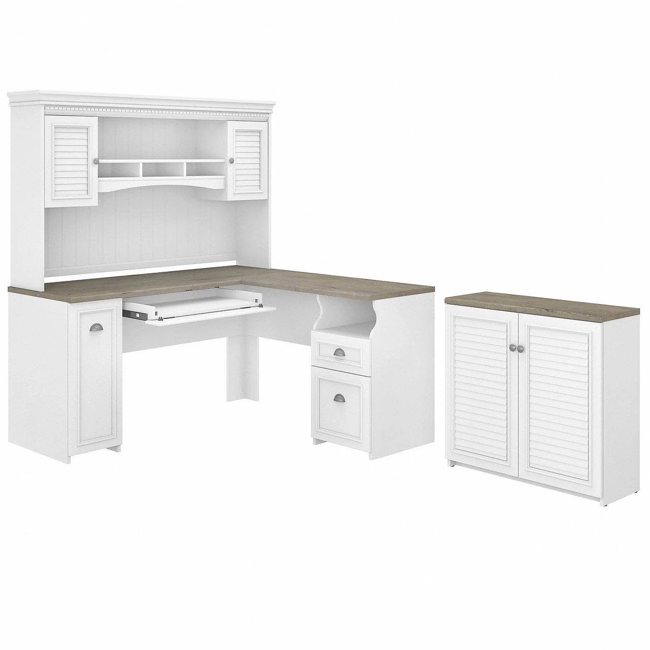 Bush Furniture Fairview 60W L Shaped Desk With Hutch And Storage Cabinet In Pure White And Shiplap Gray - FV012G2W