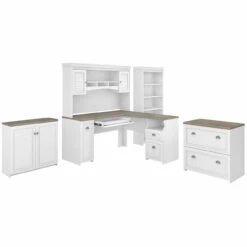 Bush Furniture Fairview 60W L Shaped Desk With Hutch, File Cabinet, Bookcase And Storage In Pure White And Shiplap Gray - FV013G2W