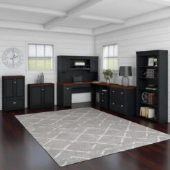 Bush Furniture Fairview 60W L Shaped Desk With Hutch, Bookcase, Storage, And File Cabinets Antique Black - FV014AB