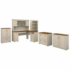 Bush Furniture Fairview 60W L Shaped Desk With Hutch, Bookcase, Storage, And File Cabinets Antique White - FV014AW