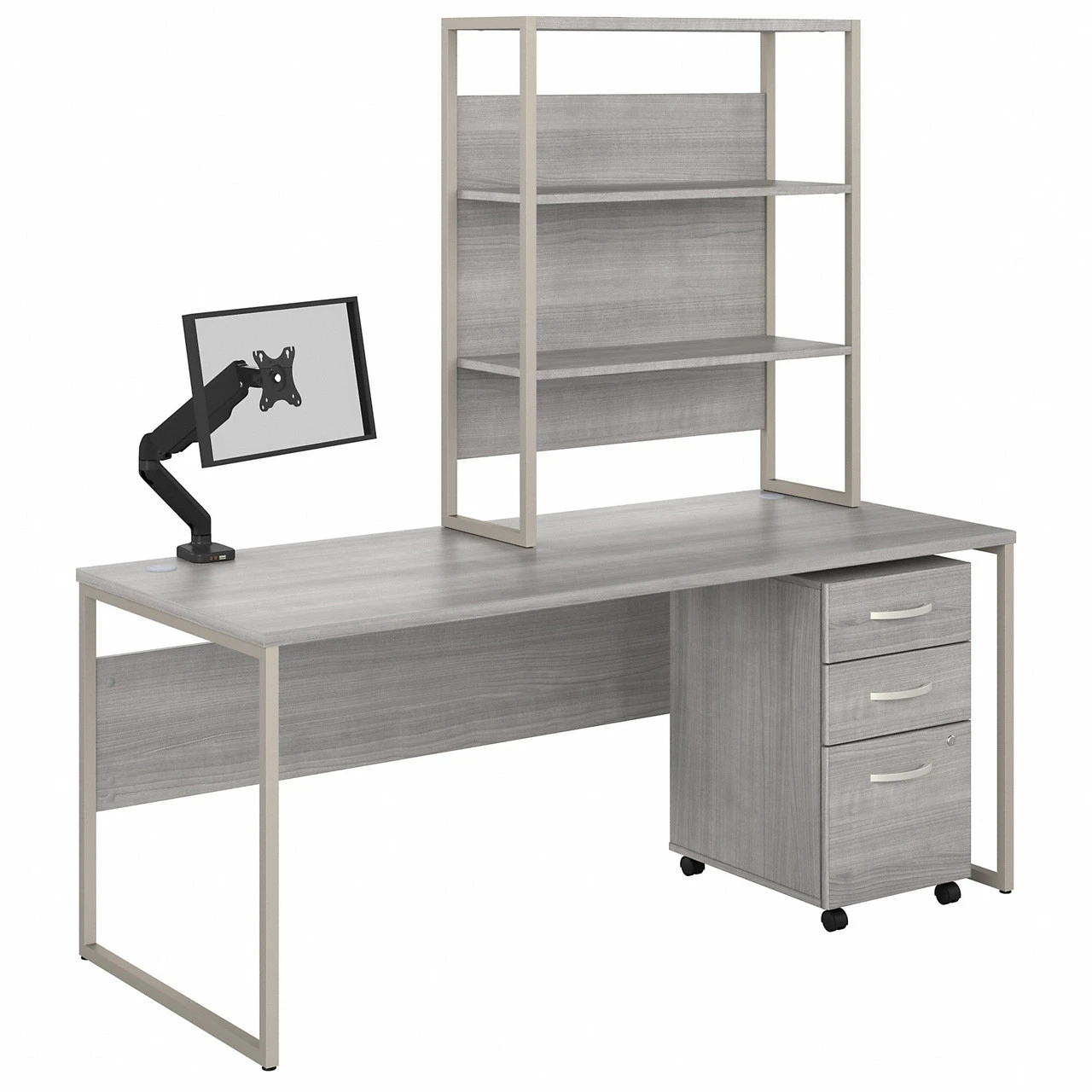 Bush Business Furniture Hybrid 72W X 30D Computer Desk With Hutch, Mobile File Cabinet And Monitor Arm In Platinum Gray - HYB019PGSU