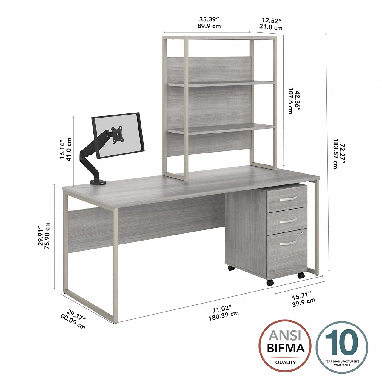 Bush Business Furniture Hybrid 72W X 30D Computer Desk With Hutch, Mobile File Cabinet And Monitor Arm In Platinum Gray - HYB019PGSU - Image 2