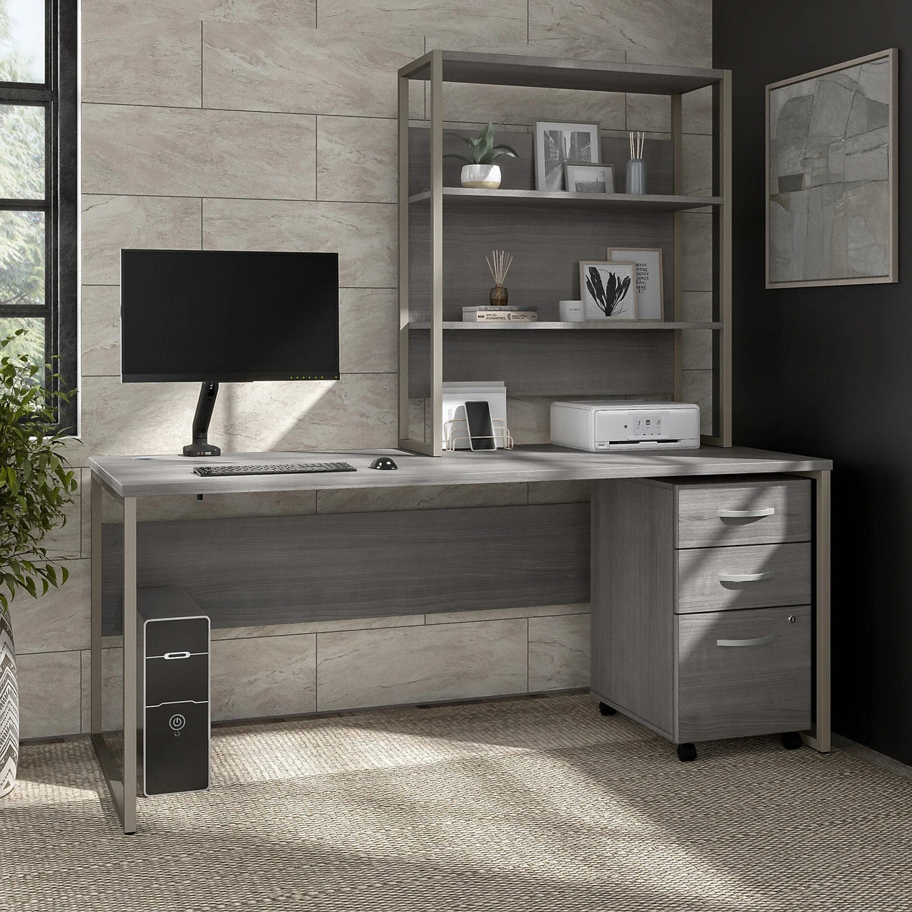 Bush Business Furniture Hybrid 72W X 30D Computer Desk With Hutch, Mobile File Cabinet And Monitor Arm In Platinum Gray - HYB019PGSU - Image 3