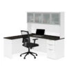 Bestar Pro-Concept Plus 72W L-Shaped Desk With Pedestal And Frosted Glass Doors Hutch In White & Deep Grey - 110887-17