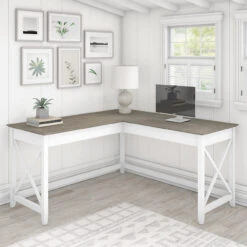 Bush Key West 60W L Shaped Desk Shiplap Gray And Pure White - KWD160G2W-03