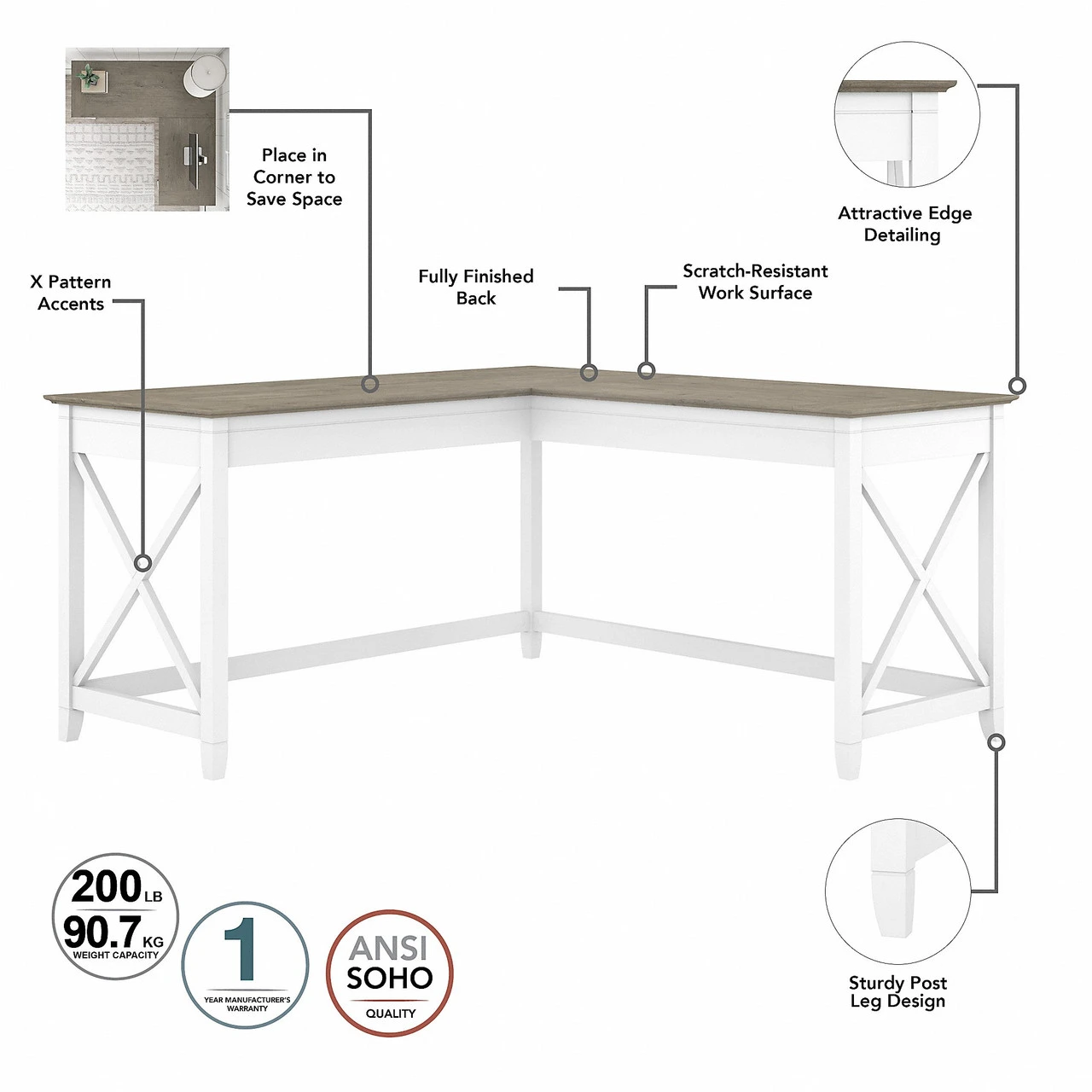 Bush Key West 60W L Shaped Desk Shiplap Gray And Pure White - KWD160G2W-03 - Image 5