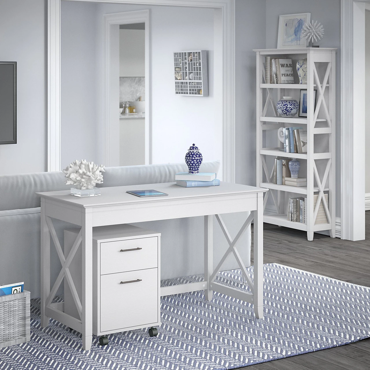 Bush Key West 48W Writing Desk With Mobile File Cabinet And 5 Shelf Bookcase Pure White Oak- KWS002WT - Image 3