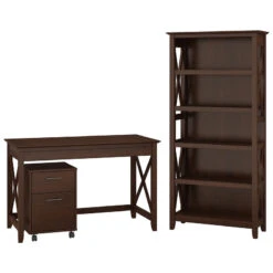 Bush Key West 48"W Writing Desk With 2 Drawer Mobile Pedestal And 5 Shelf Bookcase - KWS002BC