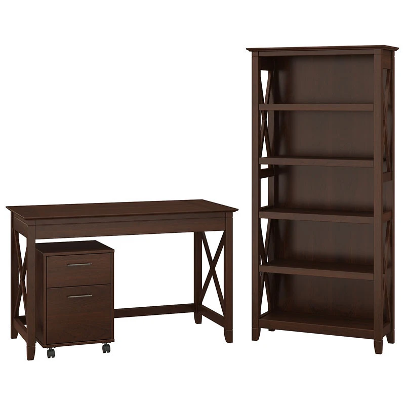 Bush Key West 48"W Writing Desk With 2 Drawer Mobile Pedestal And 5 Shelf Bookcase - KWS002BC