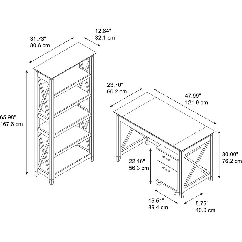 Bush Key West 48"W Writing Desk With 2 Drawer Mobile Pedestal And 5 Shelf Bookcase - KWS002BC - Image 3