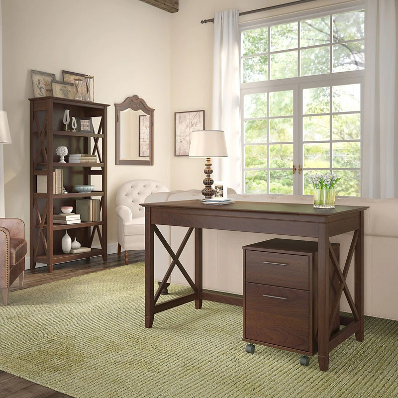 Bush Key West 48"W Writing Desk With 2 Drawer Mobile Pedestal And 5 Shelf Bookcase - KWS002BC - Image 2