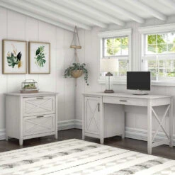 Bush Key West 54W Computer Desk With Storage And 2 Drawer Lateral File Cabinet Linen White Oak - KWS008LW