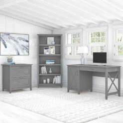 Bush Key West 54W Computer Desk With Lateral File Cabinet And Bookcase 5-Shelf Cape Cod Gray - KWS009CG
