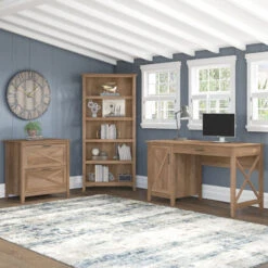 Bush Key West 54W Computer Desk With Lateral File Cabinet And Bookcase 5-Shelf Reclaimed Pine - KWS009RCP