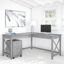 Bush Key West 60W L-Shaped Desk With 2 Drawer Mobile File Cabinet Cape Cod Gray - KWS013CG