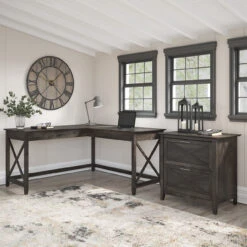 Bush Furniture Key West 60W L Shaped Desk With 2 Drawer Lateral File Cabinet In Dark Gray Hickory - KWS014GH