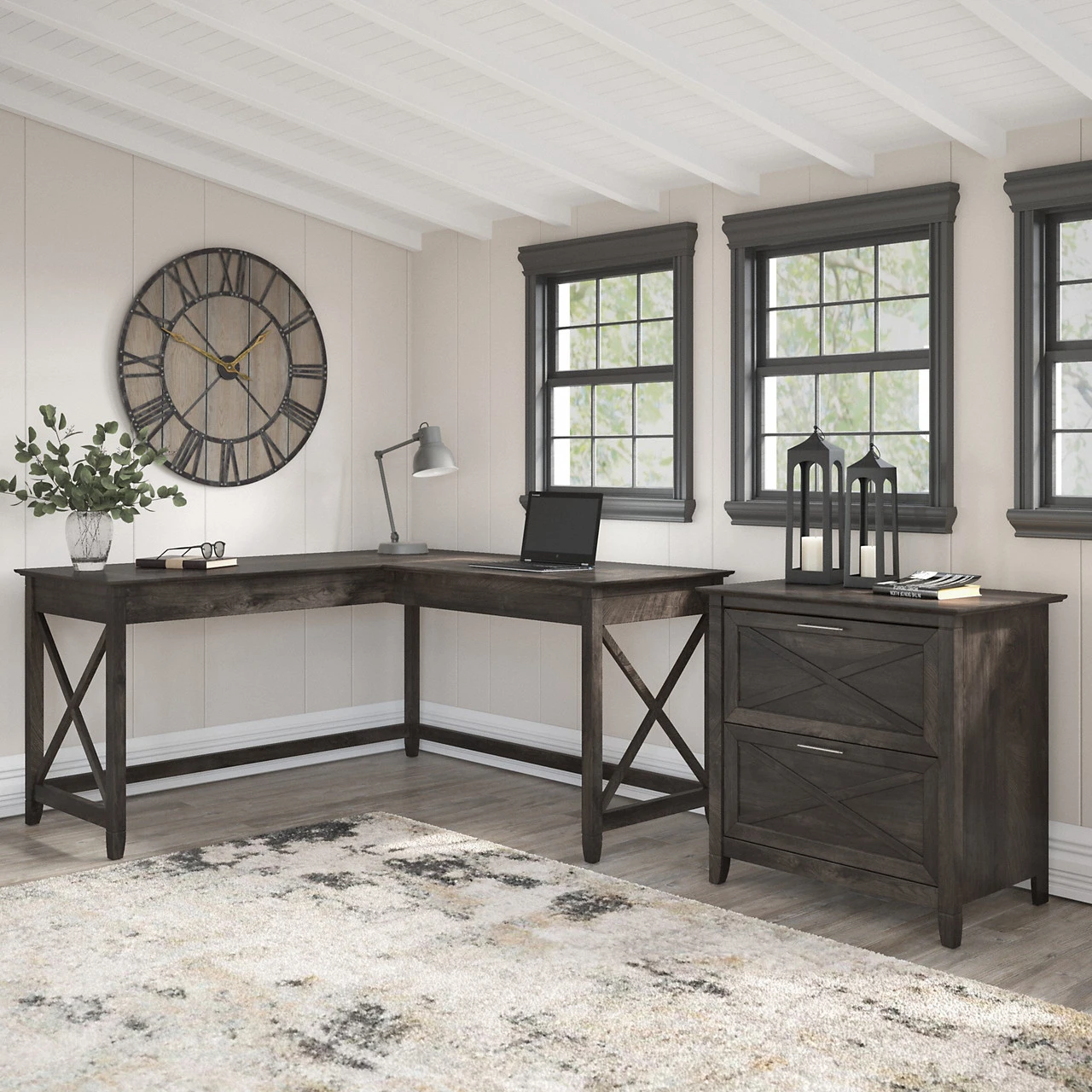 Bush Furniture Key West 60W L Shaped Desk With 2 Drawer Lateral File Cabinet In Dark Gray Hickory - KWS014GH