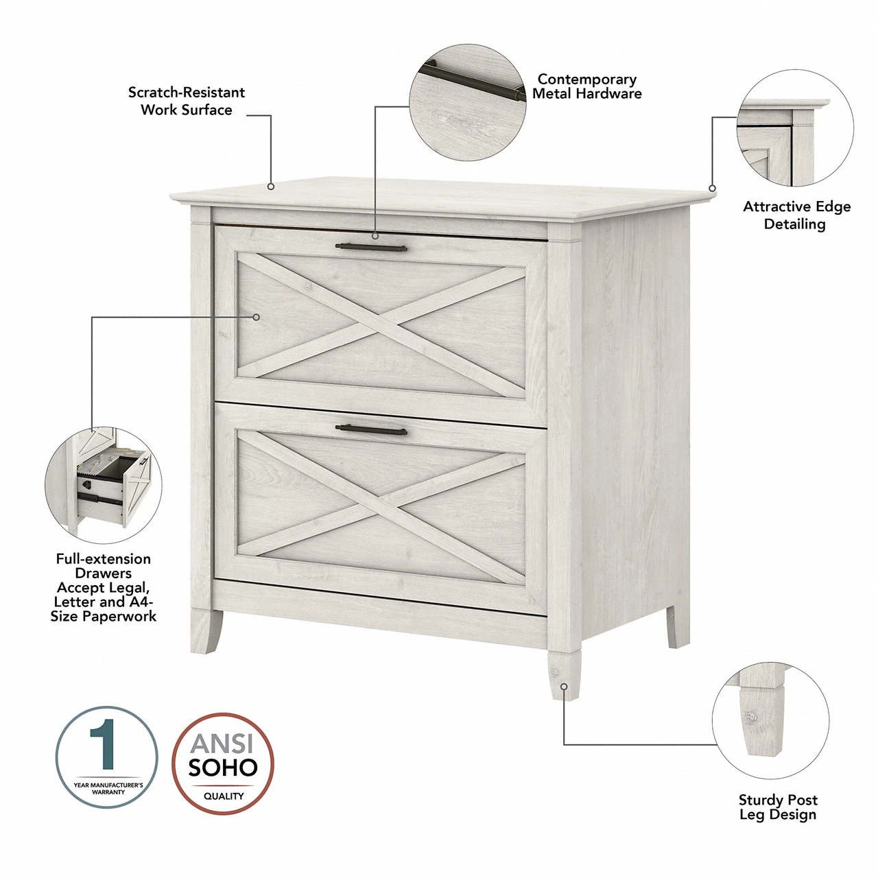 Bush Furniture Key West 60W L Shaped Desk With 2 Drawer Lateral File Cabinet In Linen White Oak - KWS014LW - Image 5