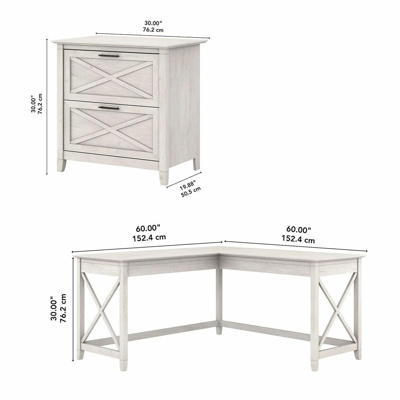 Bush Furniture Key West 60W L Shaped Desk With 2 Drawer Lateral File Cabinet In Linen White Oak - KWS014LW - Image 2