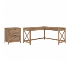 Bush Key West 60W L-Shaped Desk With 2 Drawer Lateral File Cabinet Reclaimed Pine - KWS014RCP