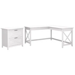Bush Key West 60W L-Shaped Desk With 2 Drawer Lateral File Cabinet Pure White Oak - KWS014WT