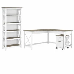 Bush Key West 60W L-Shaped Desk With Mobile File Cabinet And 5 Shelf Bookcase Shiplap Gray - KWS016G2W
