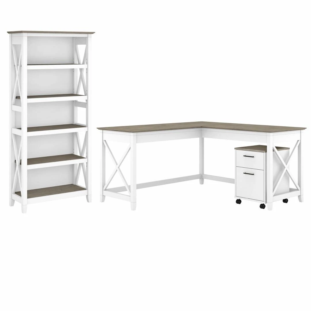 Bush Key West 60W L-Shaped Desk With Mobile File Cabinet And 5 Shelf Bookcase Shiplap Gray - KWS016G2W