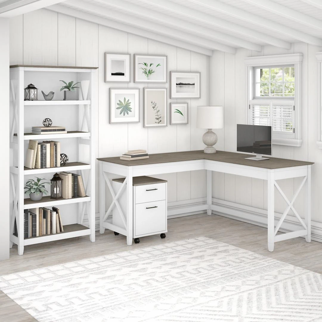 Bush Key West 60W L-Shaped Desk With Mobile File Cabinet And 5 Shelf Bookcase Shiplap Gray - KWS016G2W - Image 3