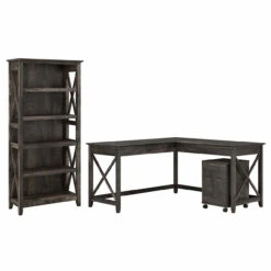 Bush Furniture Key West 60W L Shaped Desk With 2 Drawer Mobile File Cabinet And 5 Shelf Bookcase In Dark Gray Hickory - KWS016GH