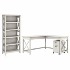 Bush Key West 60W L-Shaped Desk With Mobile File Cabinet And 5 Shelf Bookcase Linen White Oak - KWS016LW