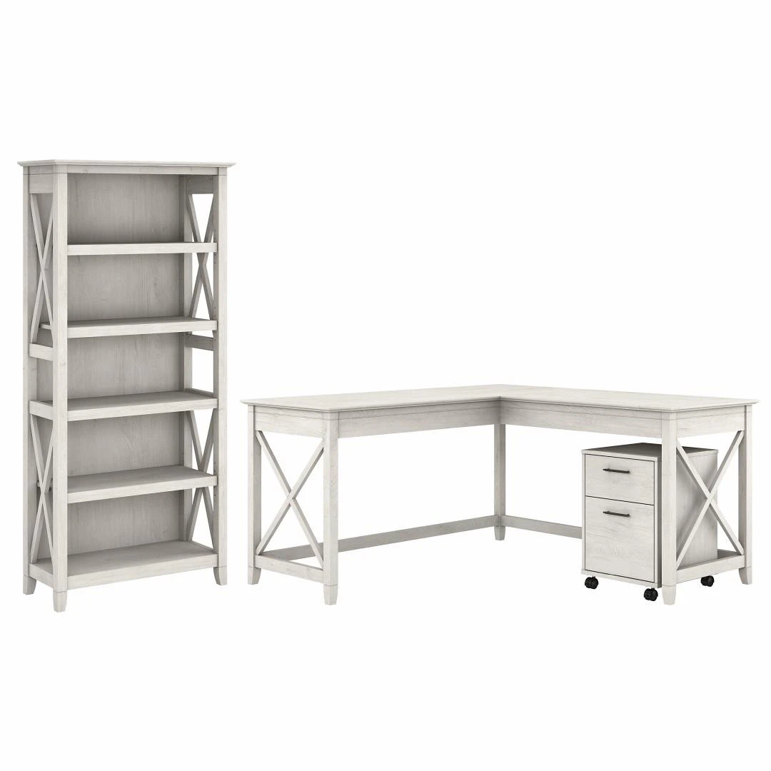 Bush Key West 60W L-Shaped Desk With Mobile File Cabinet And 5 Shelf Bookcase Linen White Oak - KWS016LW