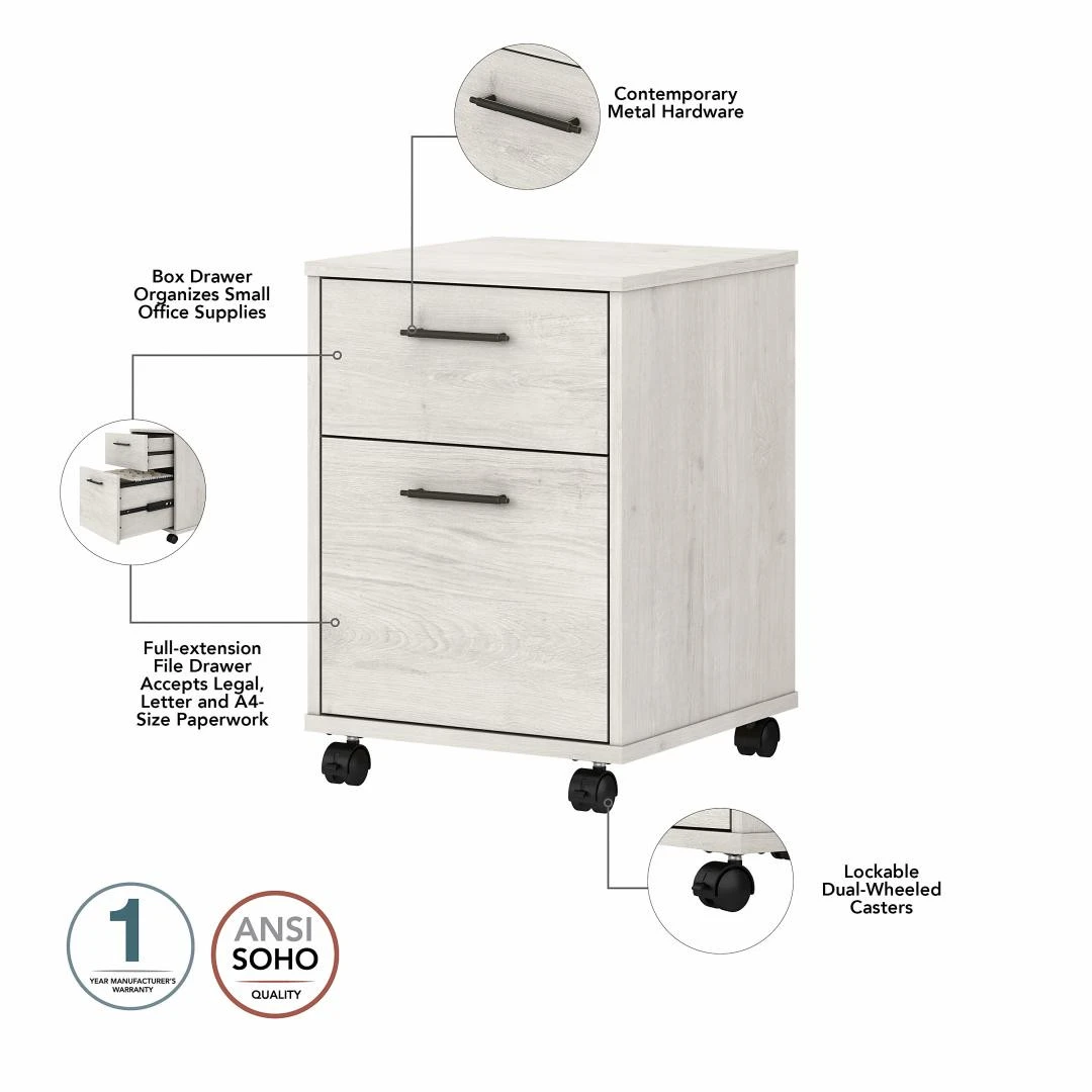 Bush Key West 60W L-Shaped Desk With Mobile File Cabinet And 5 Shelf Bookcase Linen White Oak - KWS016LW - Image 5