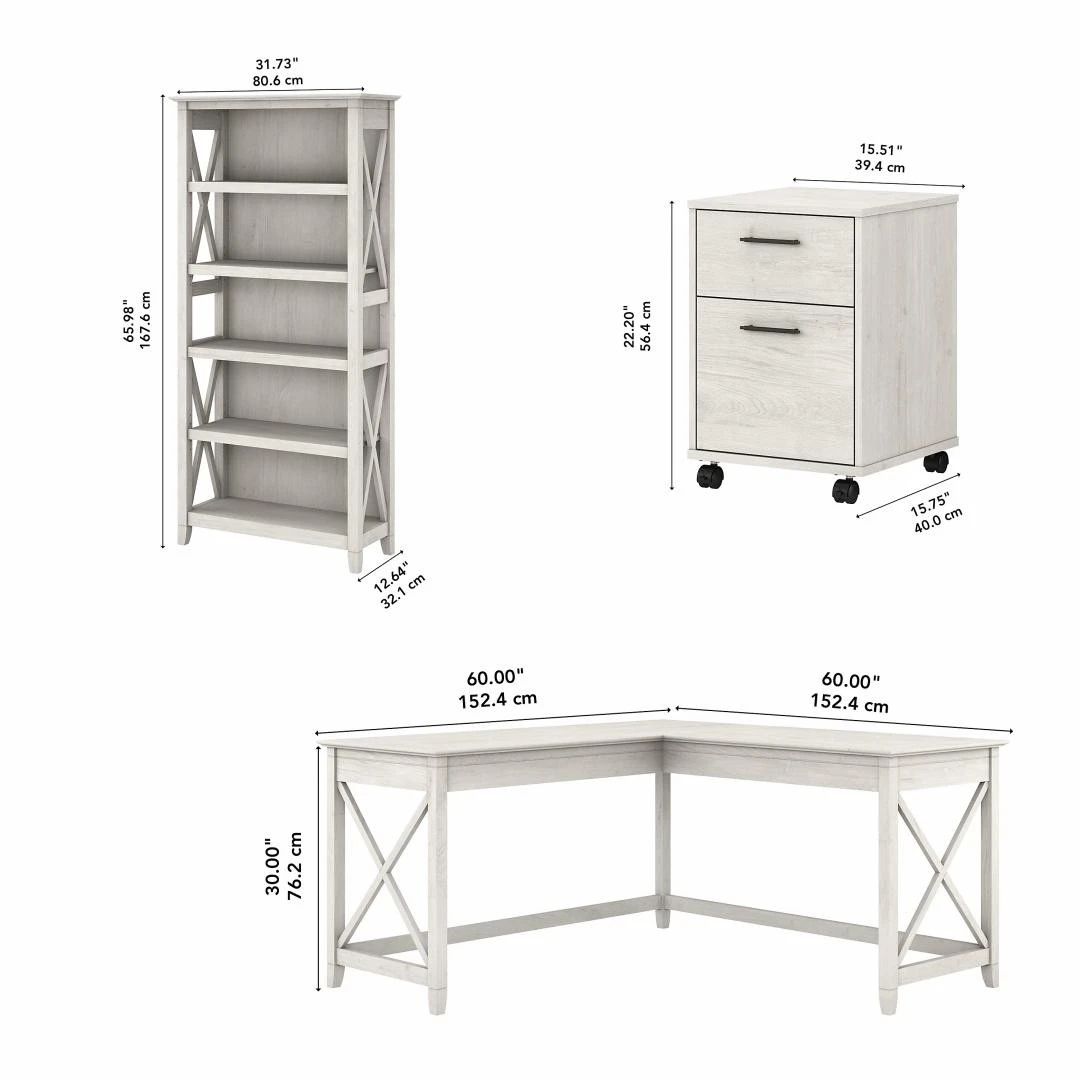 Bush Key West 60W L-Shaped Desk With Mobile File Cabinet And 5 Shelf Bookcase Linen White Oak - KWS016LW - Image 2
