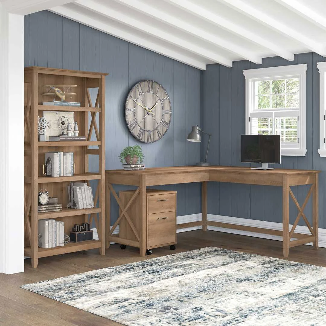 Bush Key West 60W L-Shaped Desk With Mobile File Cabinet And 5 Shelf Bookcase Reclaimed Pine - KWS016RCP