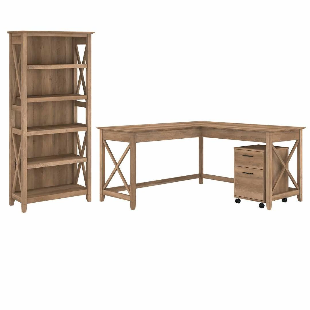 Bush Key West 60W L-Shaped Desk With Mobile File Cabinet And 5 Shelf Bookcase Reclaimed Pine - KWS016RCP - Image 2