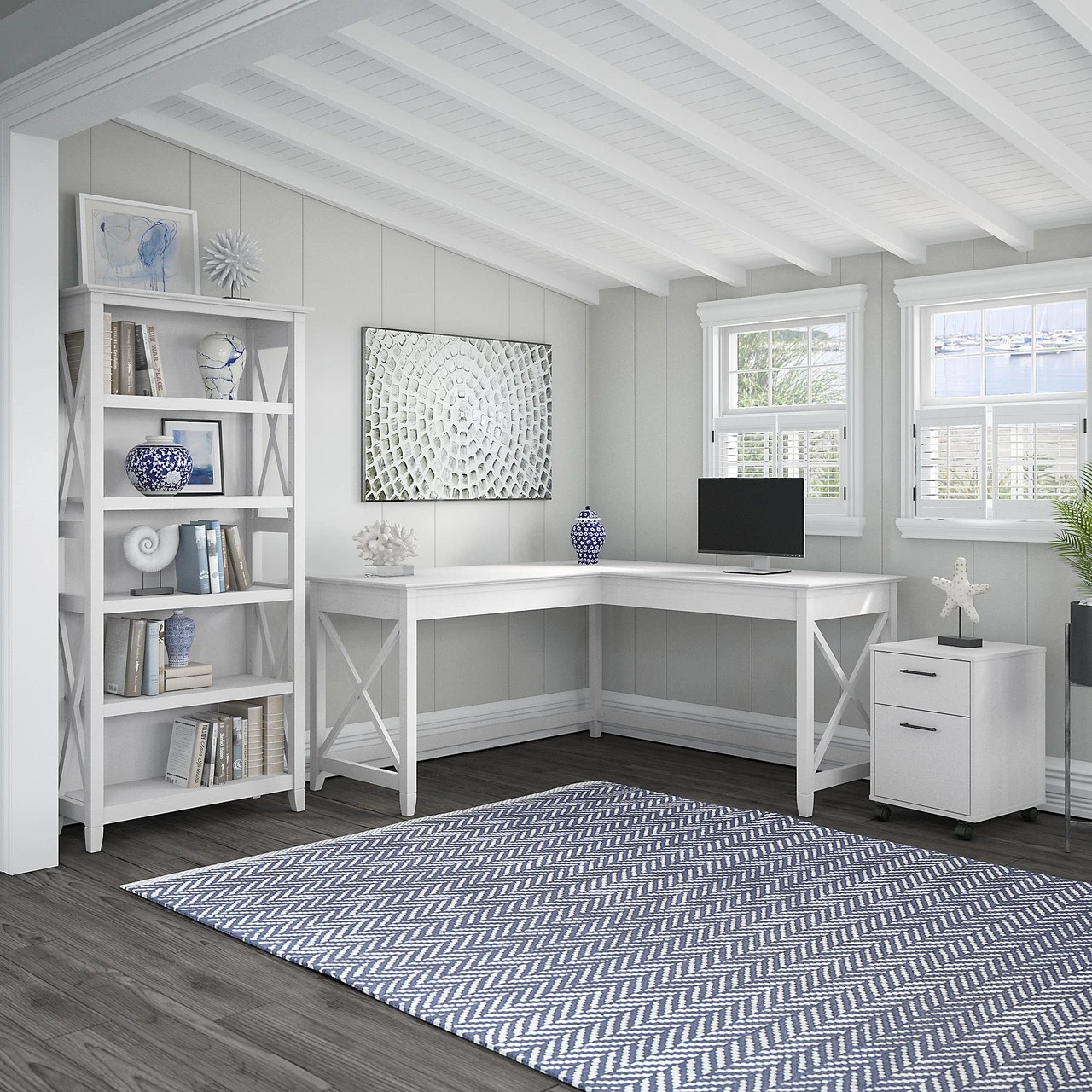 Bush Key West 60W L-Shaped Desk With Mobile File Cabinet And 5 Shelf Bookcase Pure White Oak- KWS016WT - Image 3