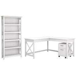 Bush Key West 60W L-Shaped Desk With Mobile File Cabinet And 5 Shelf Bookcase Pure White Oak- KWS016WT
