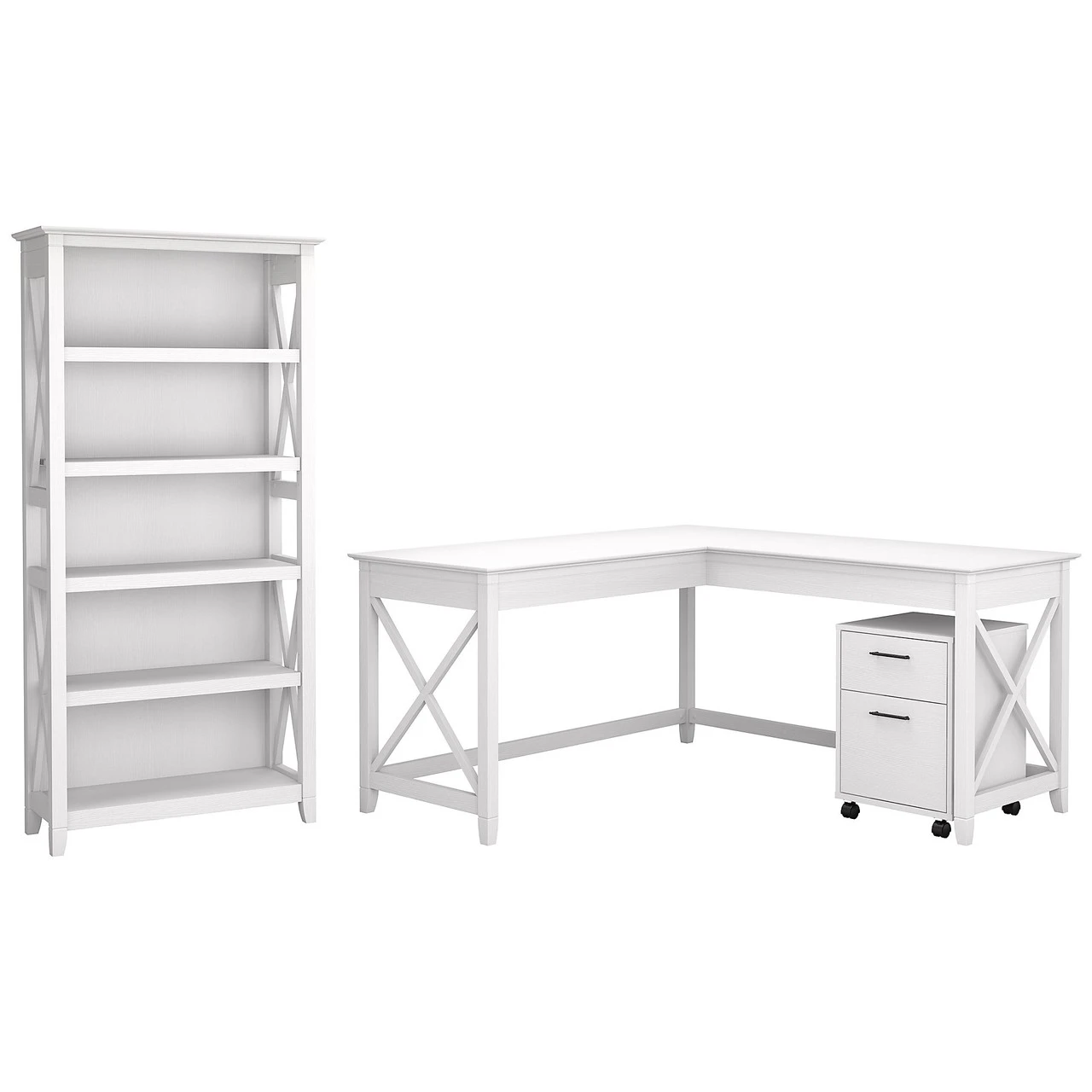 Bush Key West 60W L-Shaped Desk With Mobile File Cabinet And 5 Shelf Bookcase Pure White Oak- KWS016WT