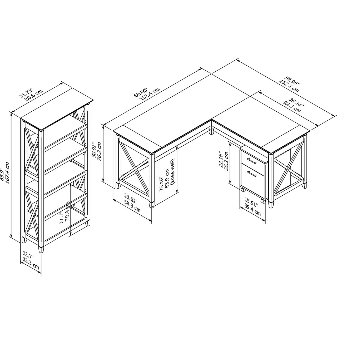 Bush Key West 60W L-Shaped Desk With Mobile File Cabinet And 5 Shelf Bookcase Pure White Oak- KWS016WT - Image 2